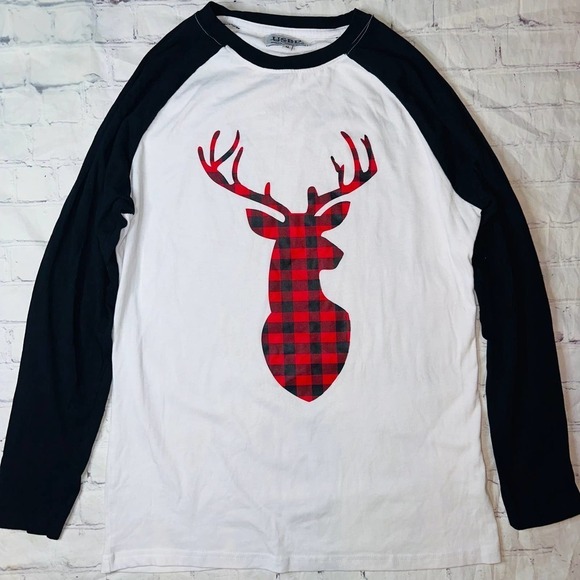 NWOT Women’s Medium USBD Plaid Deer Graphic 3/4 Sleeve Jersey Style TShirt - Picture 1 of 7